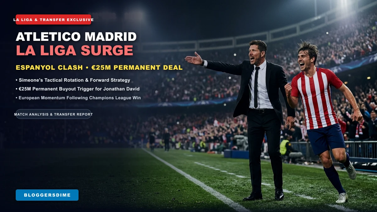 Atletico Madrid La Liga surge hero banner featuring Diego Simeone and celebrating striker