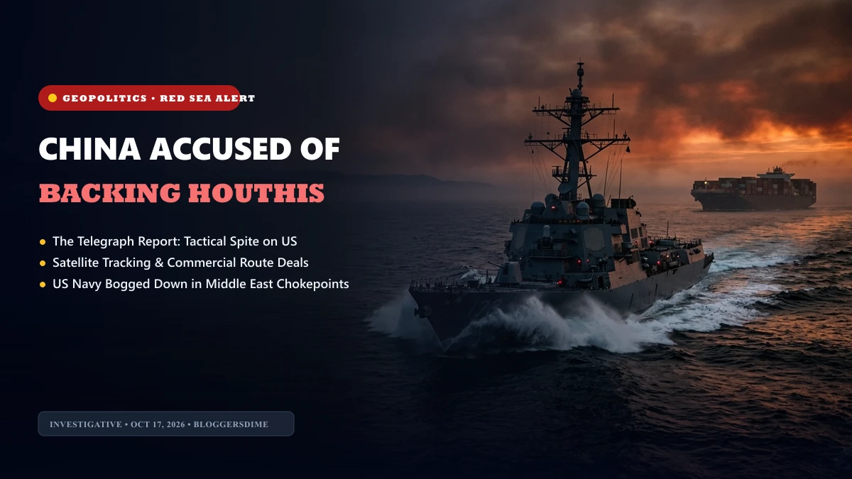 China and Houthis Red Sea crisis geopolitical banner featuring guided-missile destroyer and cargo ship at sunset