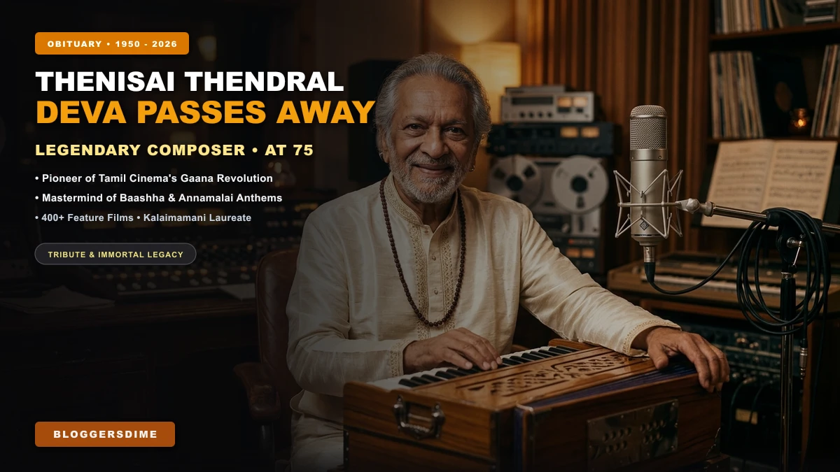Thenisai Thendral Deva tribute hero banner commemorating the legendary Indian music composer and singer