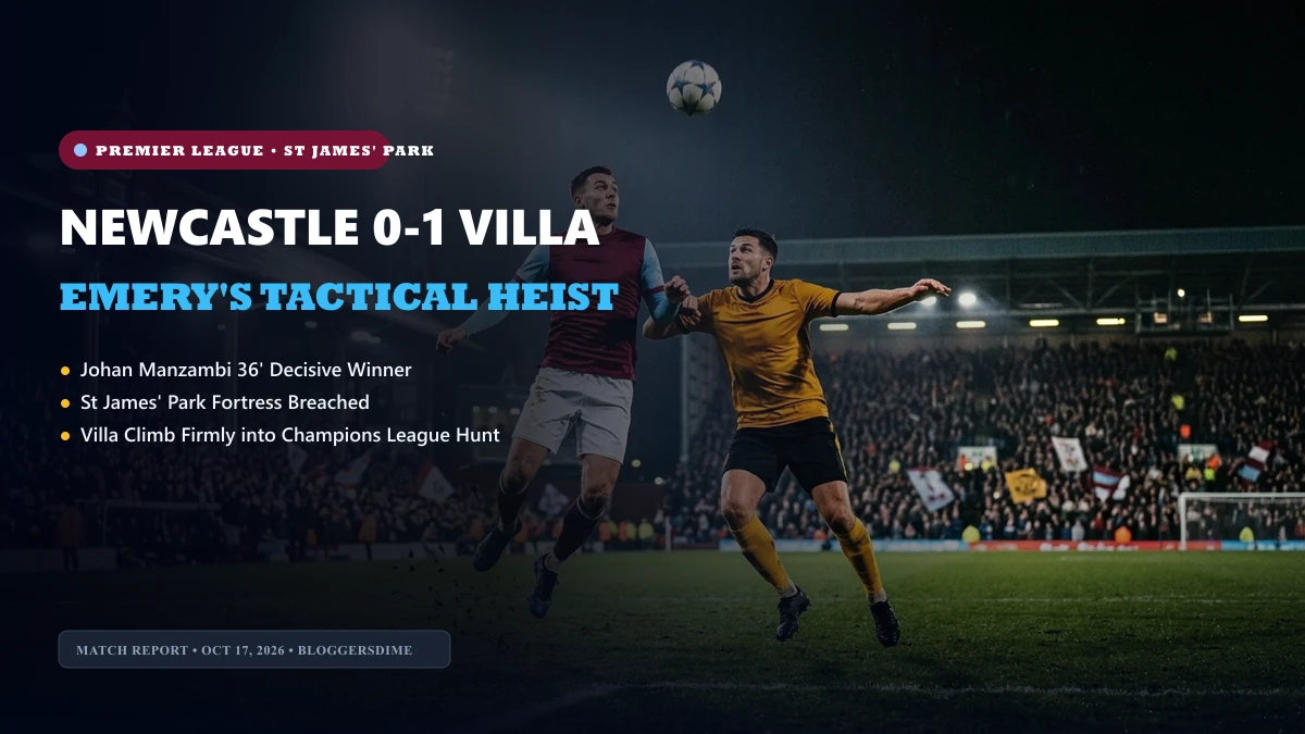 Newcastle United vs Aston Villa 0-1 Premier League match report banner featuring aerial contest at St James' Park
