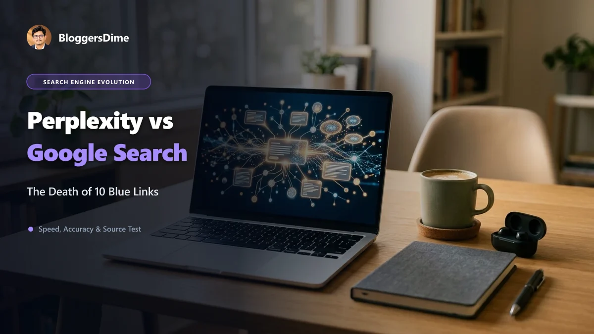 Perplexity AI vs Google Search 2026 Comparison on Laptop Workspace