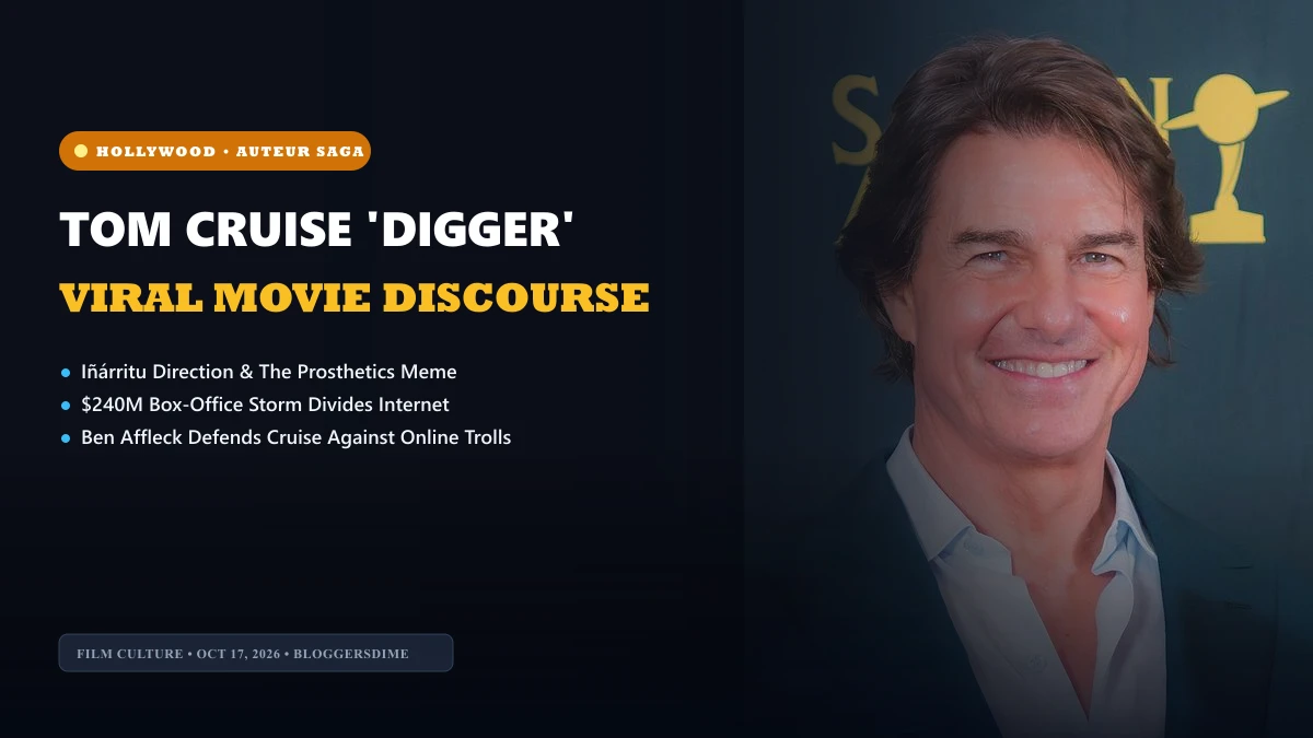 Tom Cruise Digger movie viral discourse editorial banner featuring Hollywood superstar in prime red carpet portrait